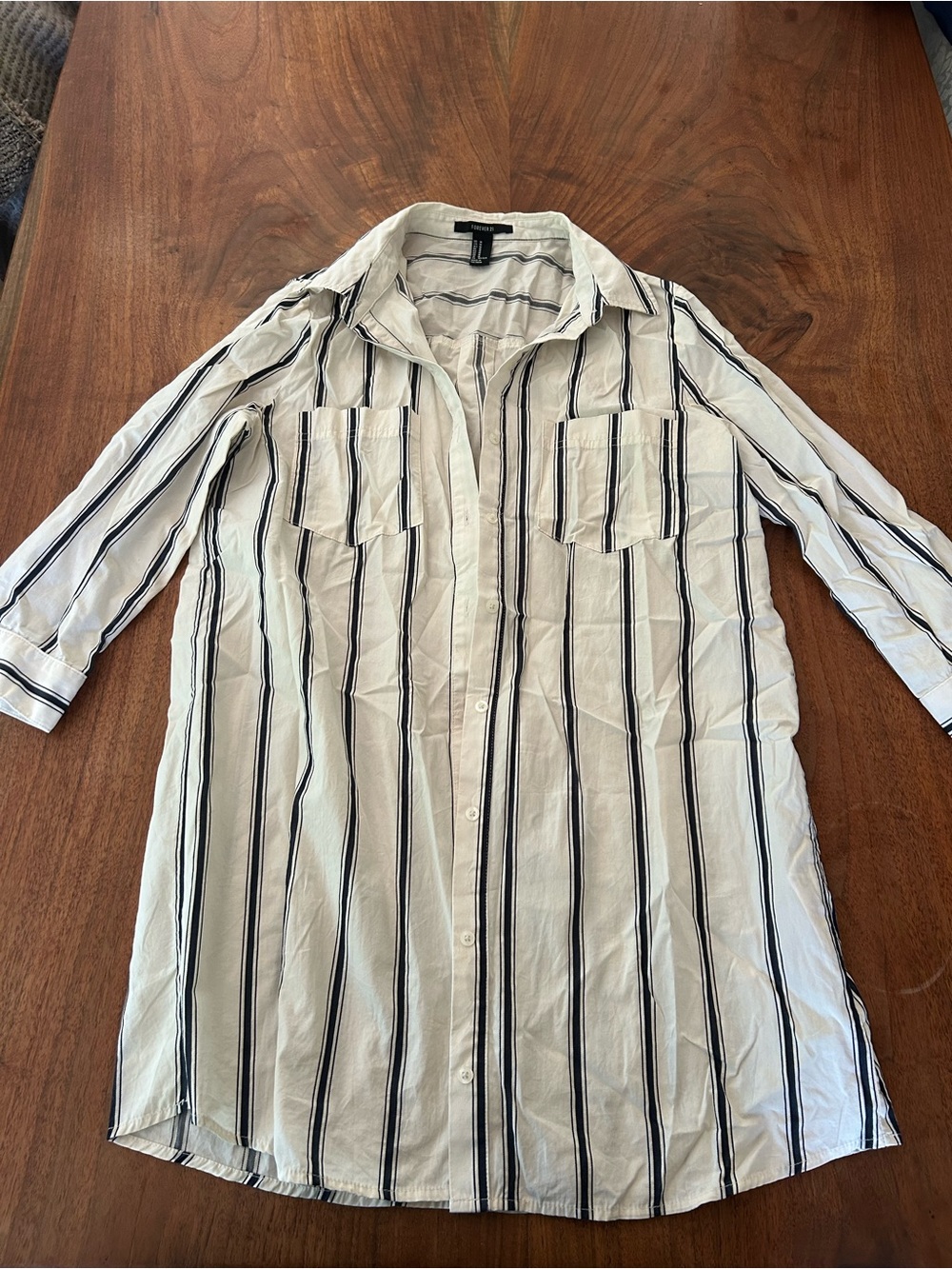 Forever 21 White Button-Up Longline Shirt Jacket with Black Stripes